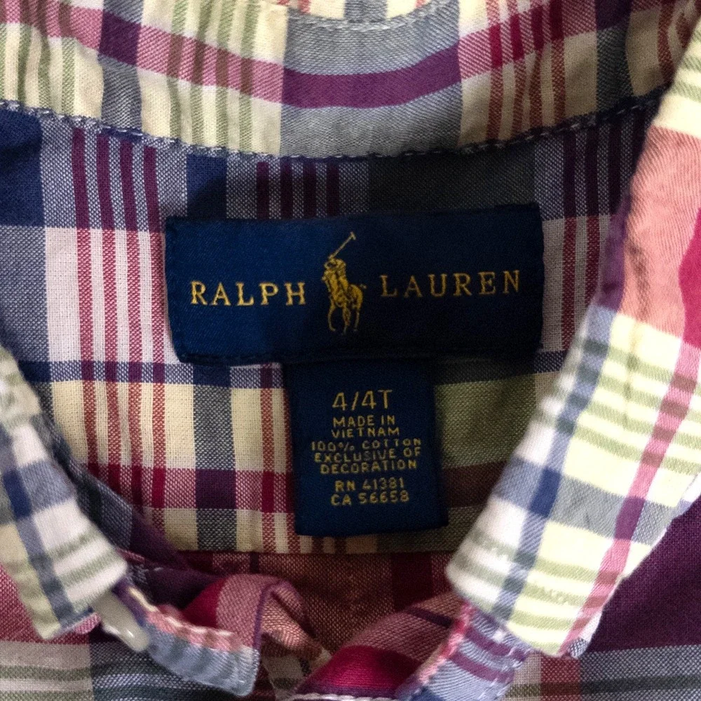 Ralph Lauren Madras Plaid Button Down Logo Short‎ Sleeve Shirt Boys Sz 4T